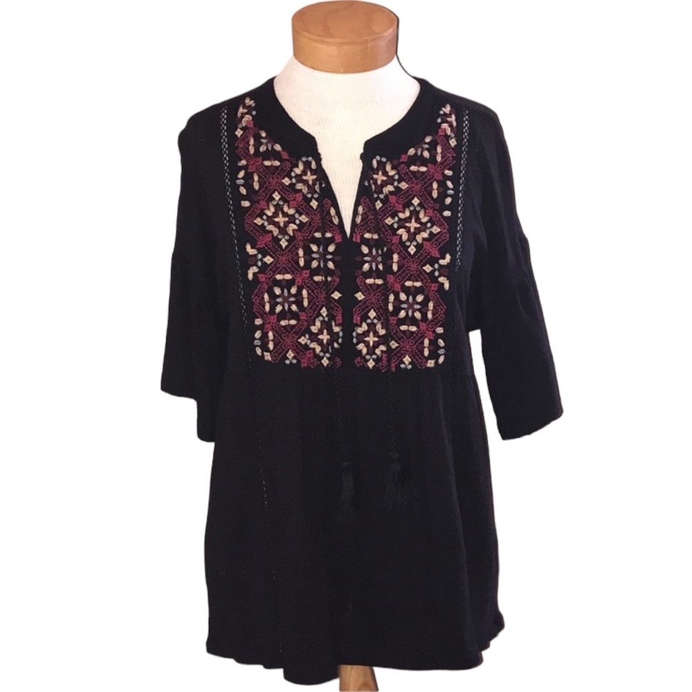 Vintage America Embroidered Boho Peasant Black Short Sleeve Top Small